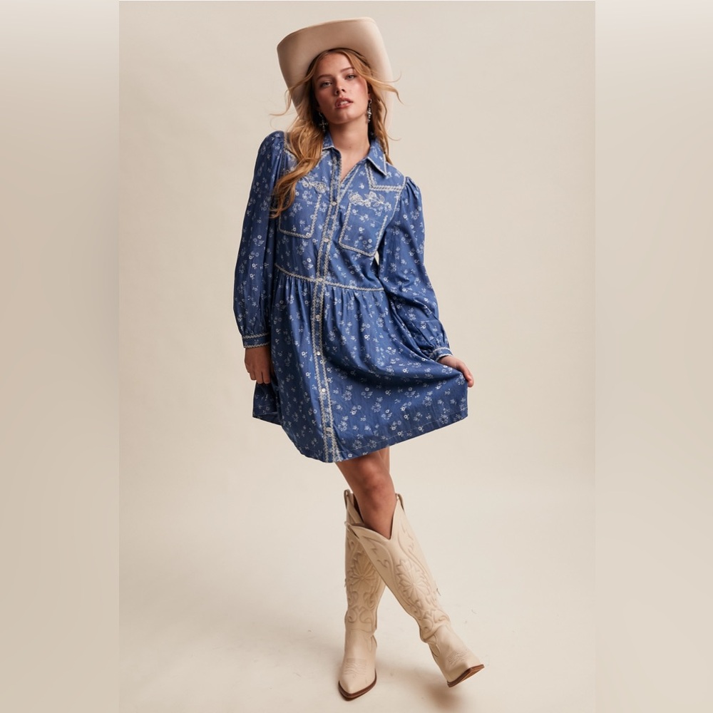 Embroidered Western Floral Shirt Dress | Dark Denim - Picture 8 of 12